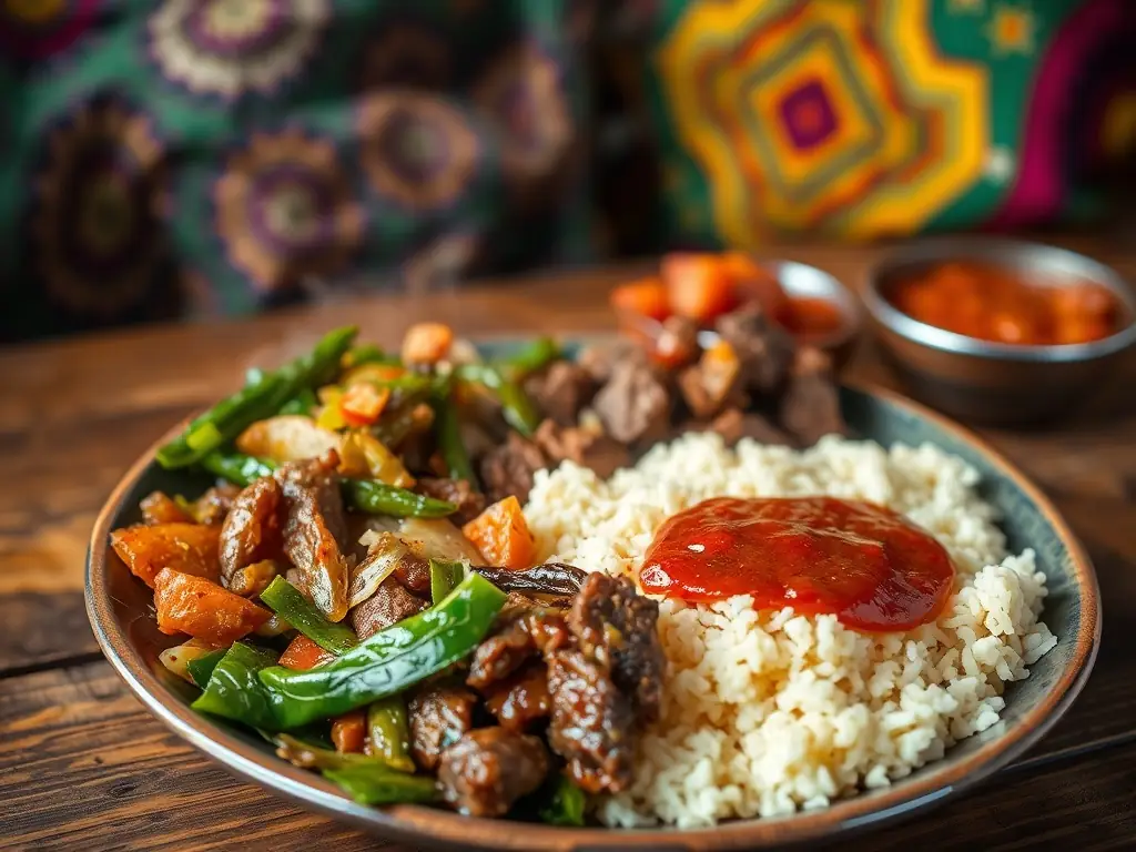 A close-up photo of a steaming plate of Nshima served with savory beef stew, sautéed greens, and a side of spicy tomato relish, styled on a rustic wooden table with vibrant African textiles.