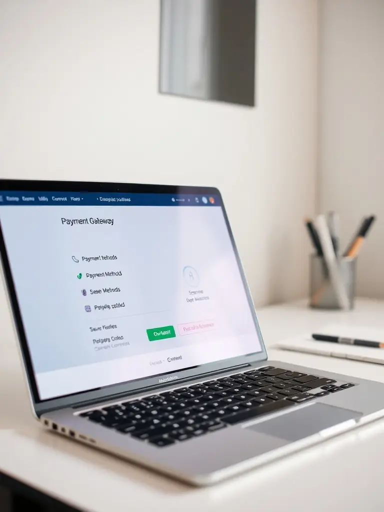 A secure checkout screen on a laptop, with payment options and a summary of selected dishes, surrounded by warm accent lighting.