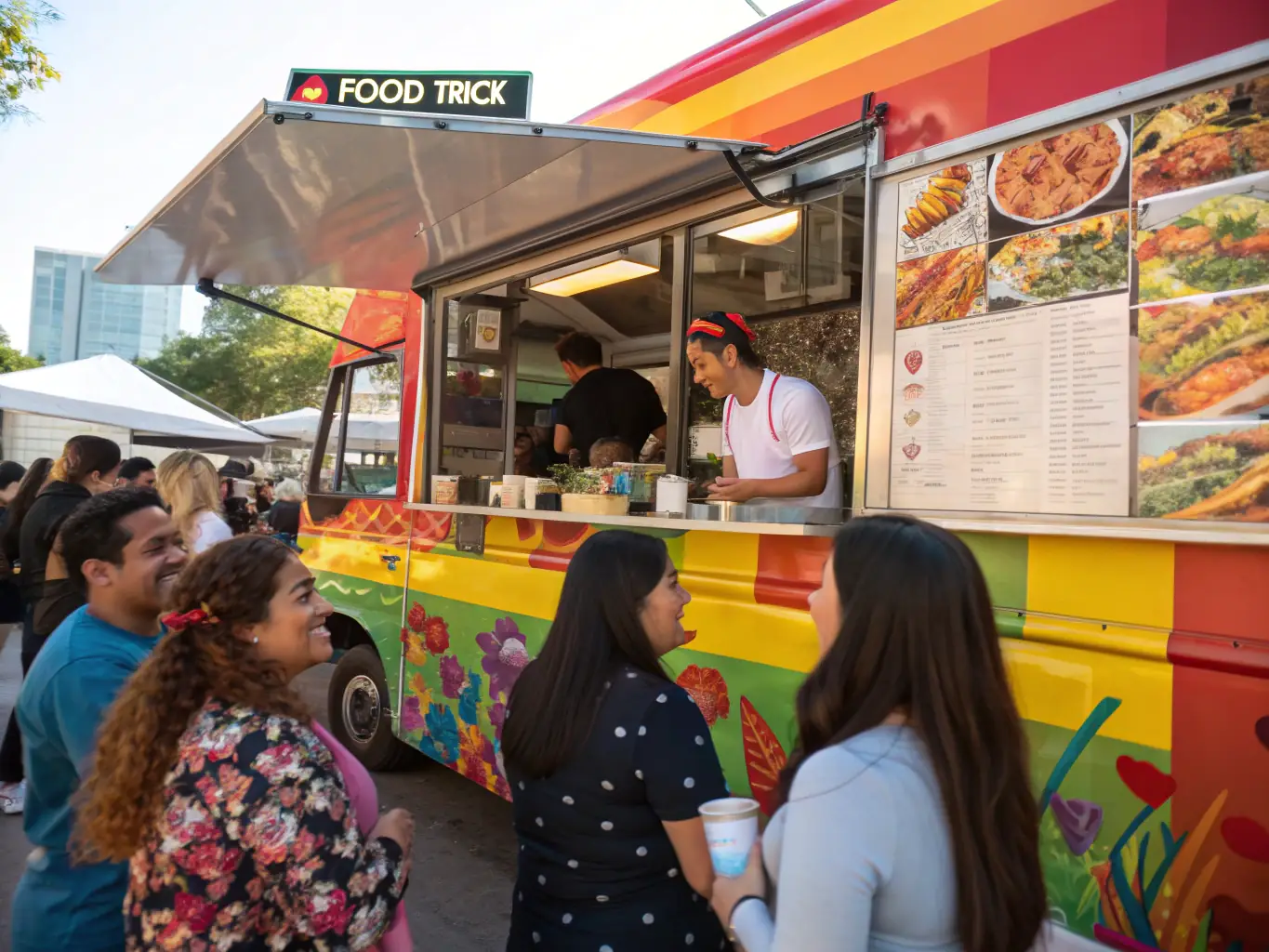 A candid shot of a local news reporter interviewing the Stango Bites food truck team, with the branded truck and a crowd of happy customers in the background, used to showcase positive media coverage.