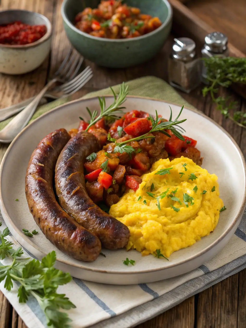 A vibrant, close-up shot of Nshima, a staple Zambian dish made from maize flour, served with a side of flavorful relish, showcasing its texture and the rich colors of the accompanying vegetables and meat.