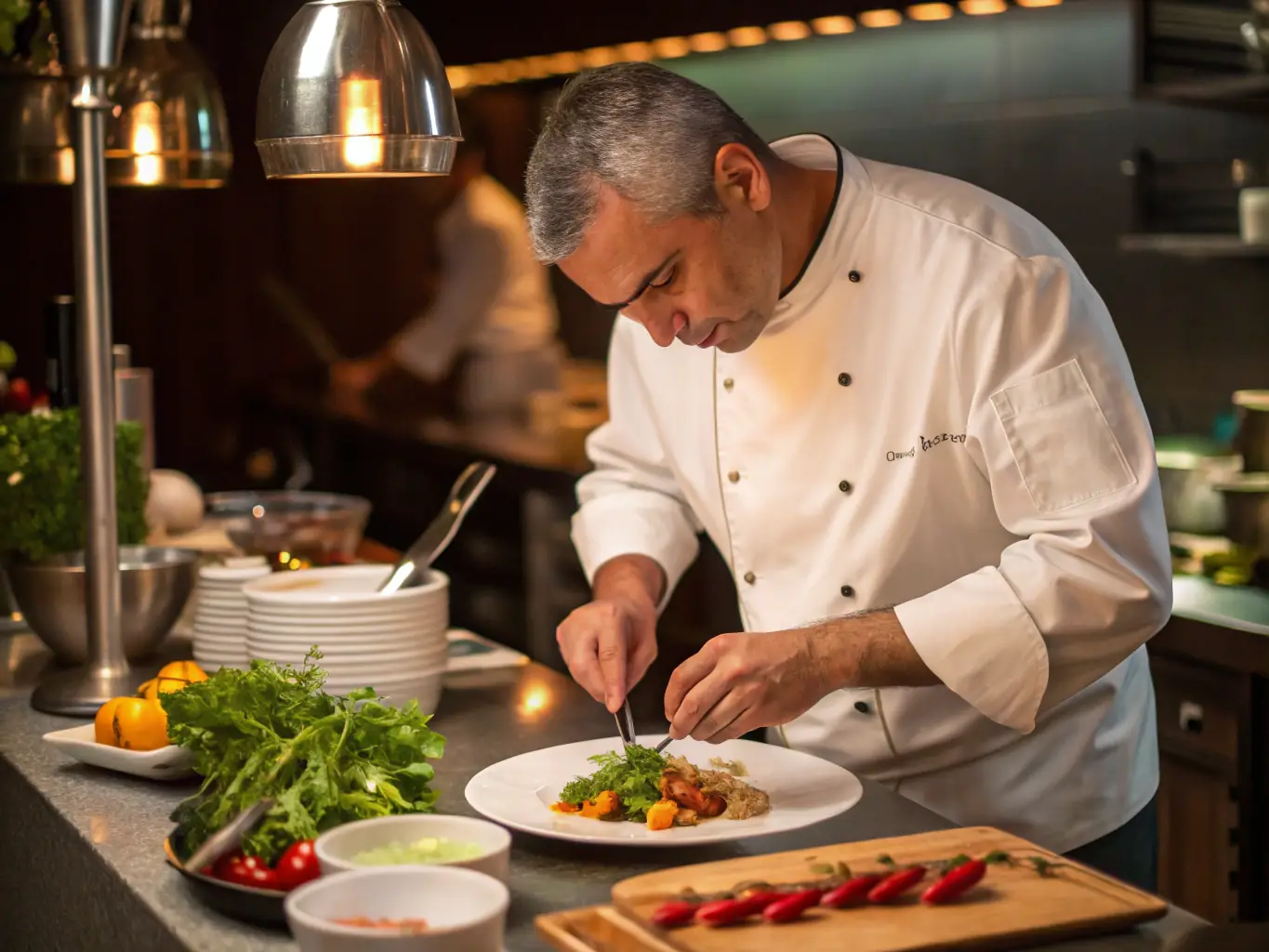 A high-resolution photo of a Stango Cuisine chef holding a framed culinary award, with a backdrop of the restaurant’s vibrant interior and a visible gold plaque, used to illustrate the restaurant’s industry recognition.