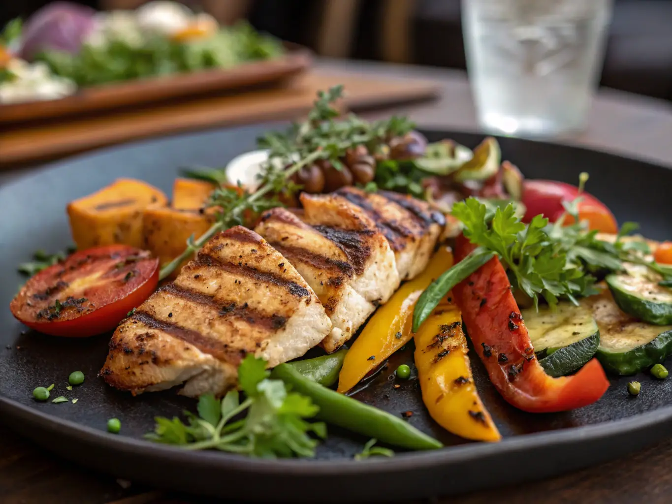 A vibrant image of Emma’s Special Platter featuring grilled chicken, fried plantains, spicy sausage, colorful vegetables, and a small bowl of dipping sauce, beautifully arranged on a patterned ceramic plate.