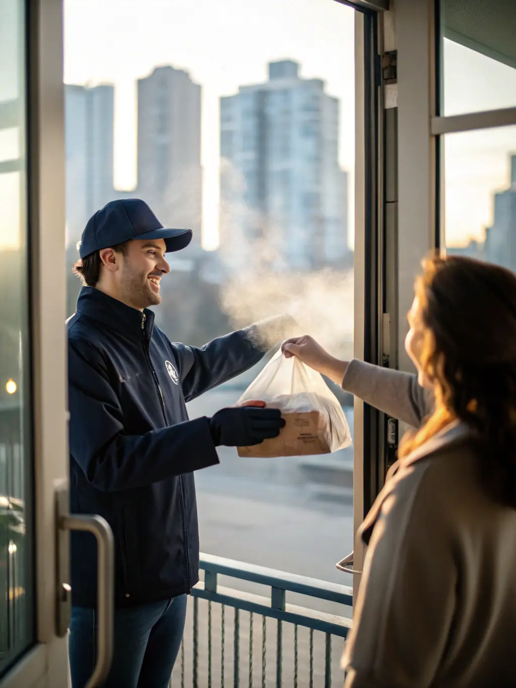 A delivery driver handing a branded Stango Cuisine takeout bag to a happy customer at their doorstep, with the food truck visible in the background.