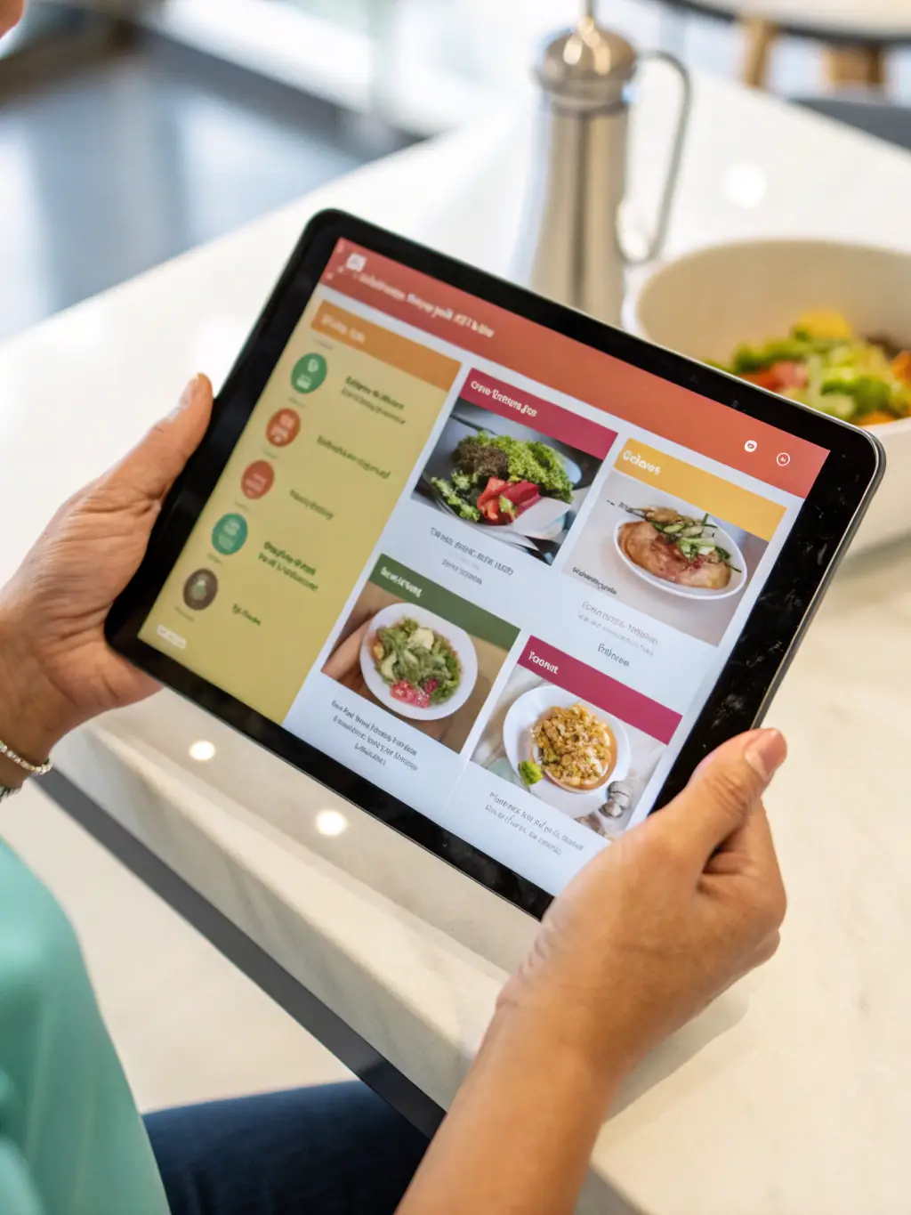 A close-up of a digital menu showing vibrant Zambian dishes, with clear images and descriptions, on a tablet held by a smiling customer.