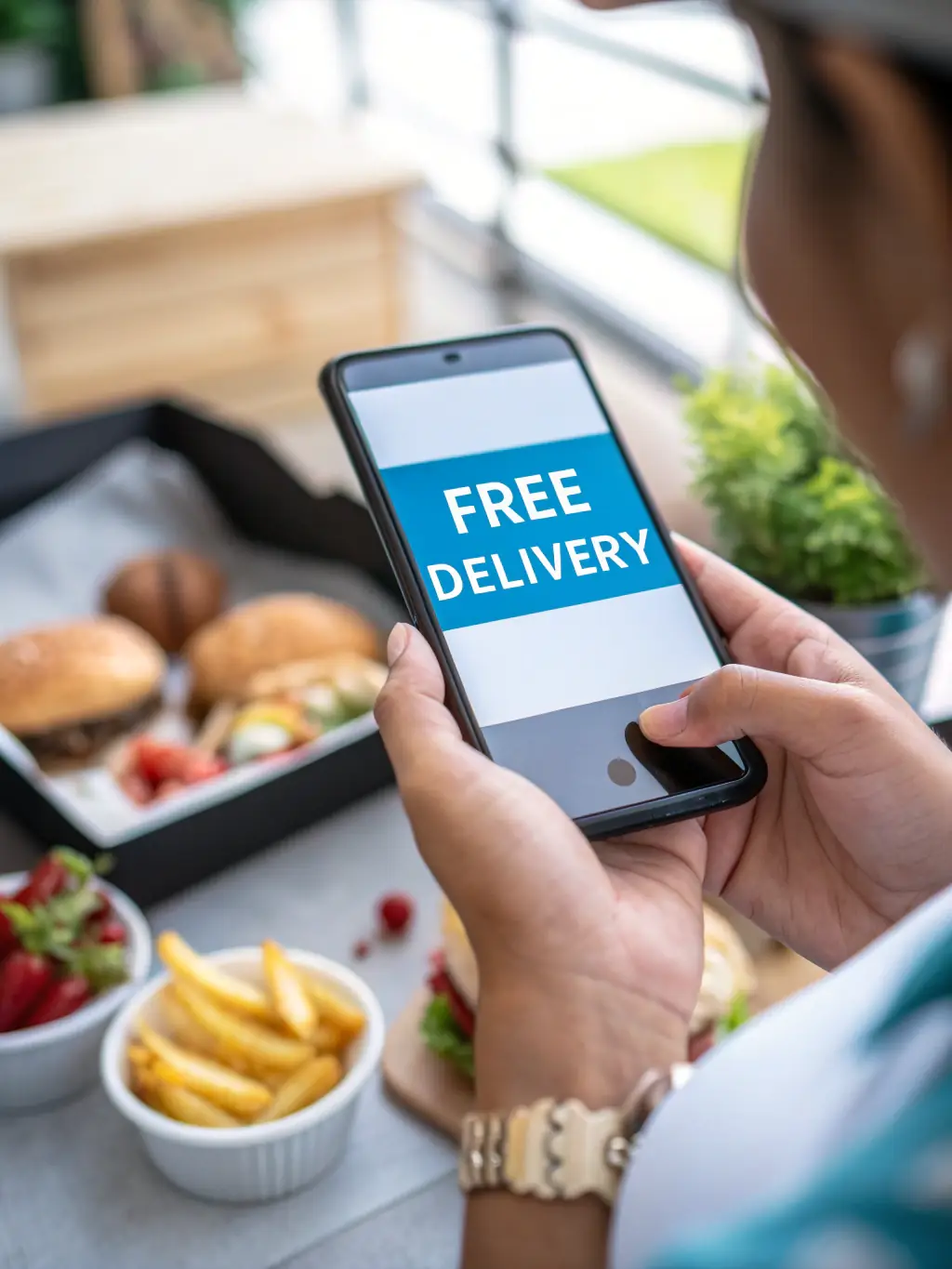 A smartphone displaying the Stango Cuisine online ordering page, with a finger tapping the 'Order Now' button, set on a clean table with a plate of food in the background.